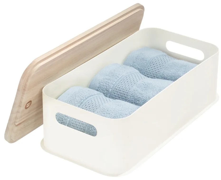 Eco Handled fehér tárolódoboz paulownia fa fedéllel, 21,3 x 43 cm - iDesign