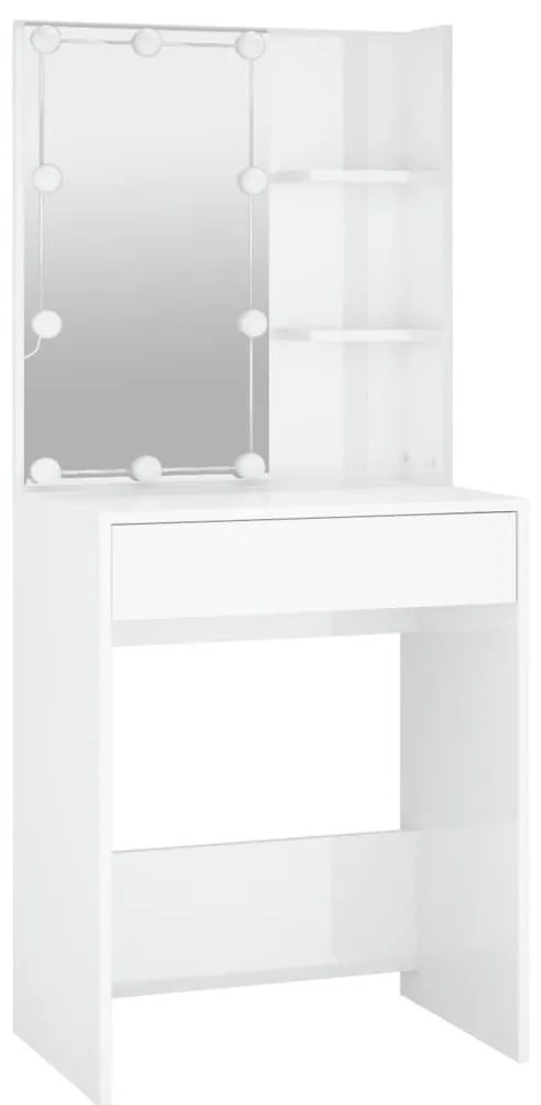 Magasfényű fehér fésülködőasztal LED-del 60 x 40 x 140 cm