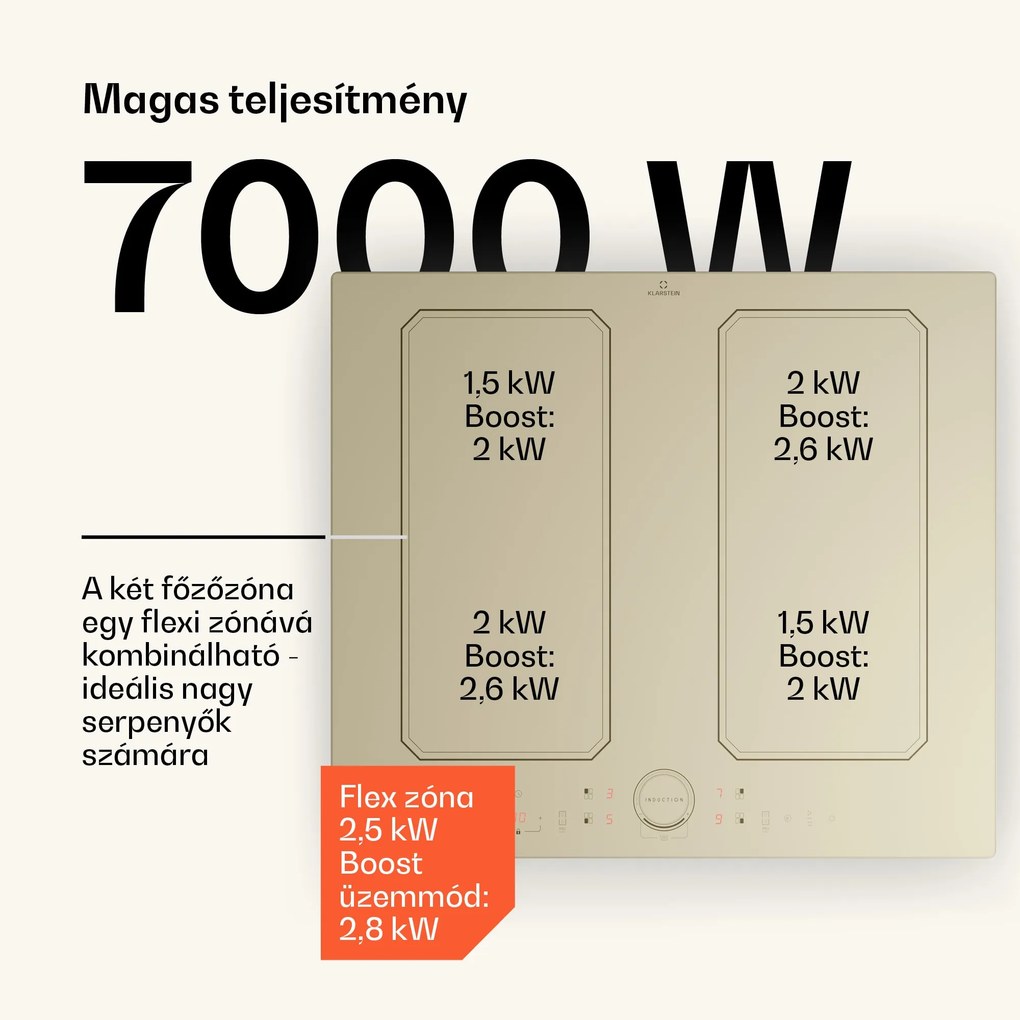 Klarstein Victoria 4 Flex, indukciós főzőlap, beépített, 7000 W, Flexzone, időzítő