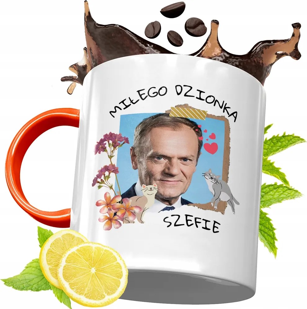 Donald Tusk Narancssárga Bögre Ajándék, fényképes nyomattal