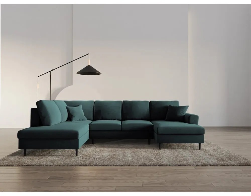 Petróleum színű bársony kinyitható tárolóhelyes sarokkanapé (bal oldali-U alakú) Kyoto – Cosmopolitan Design