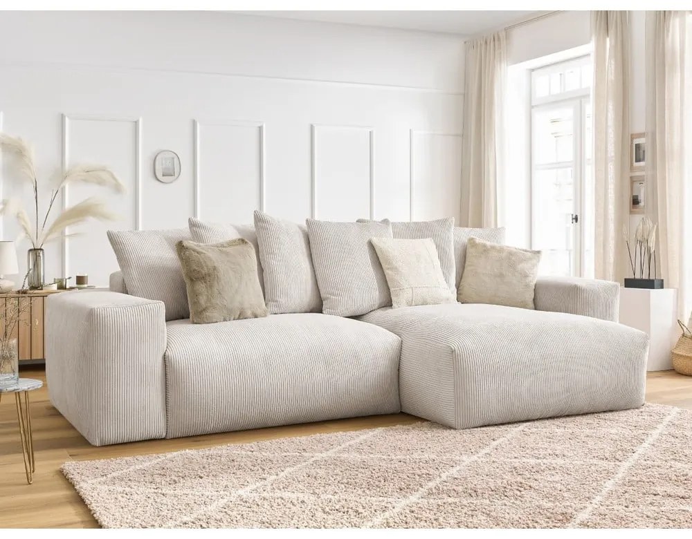 Krémszínű kordbársony kinyitható-tárolóhelyes sarokkanapé Voltaire – Bobochic Paris