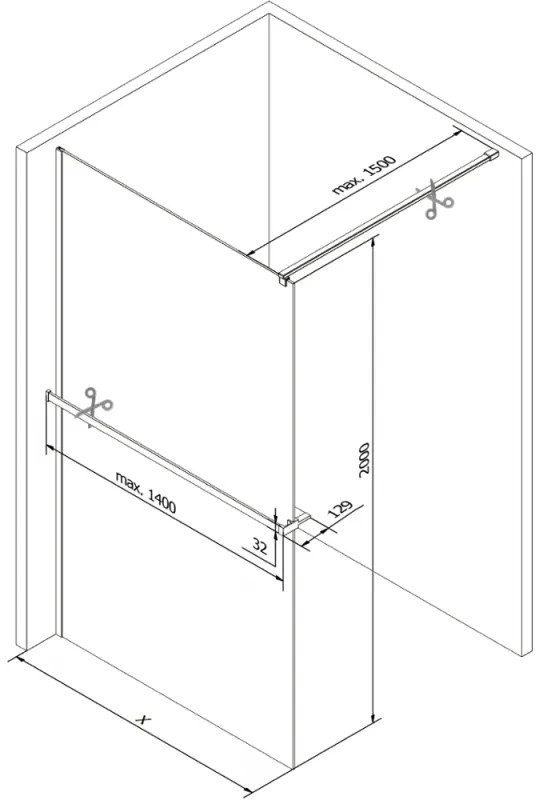 Mexen Kioto+, Walk-In zuhany paraván polccal és akasztóval 130 x 200 cm, 8 mm átlátszó üveg fekete mintás, fehér profil, 800-130-121-20-70