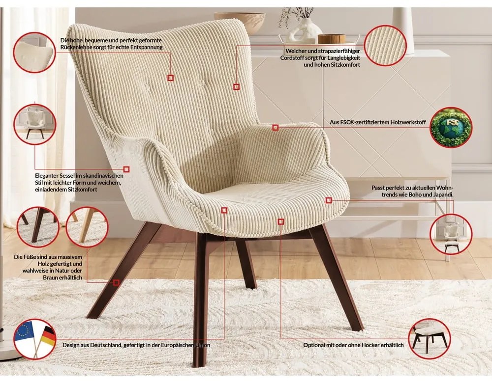 Bézs kordbársony fotel lábtartóval Niko – Ropez