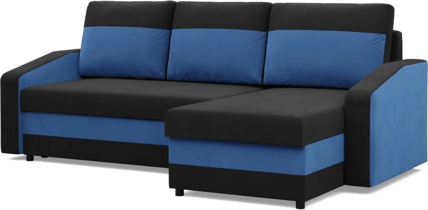 Hewlet sarokkanapé, 2 ágyneműtartóval, szövet anyag, univerzális oldal, hab töltet, fekete - kék