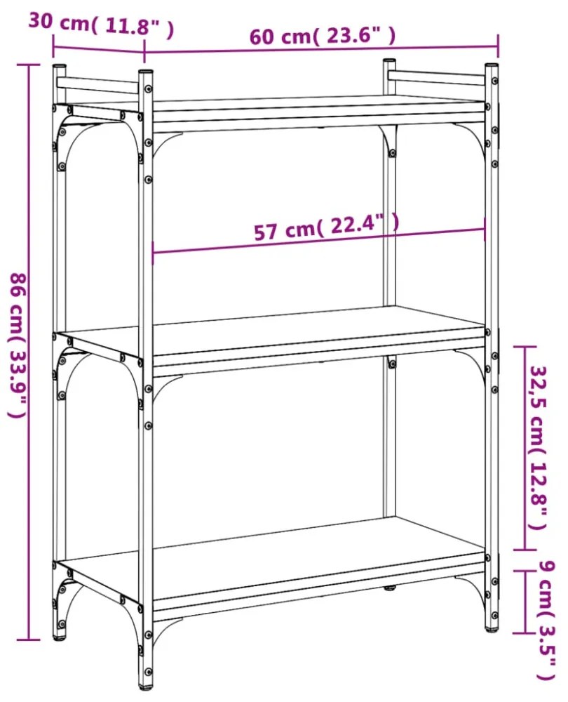 3 szintes fekete szerelt fa könyvespolc 60x30x86 cm