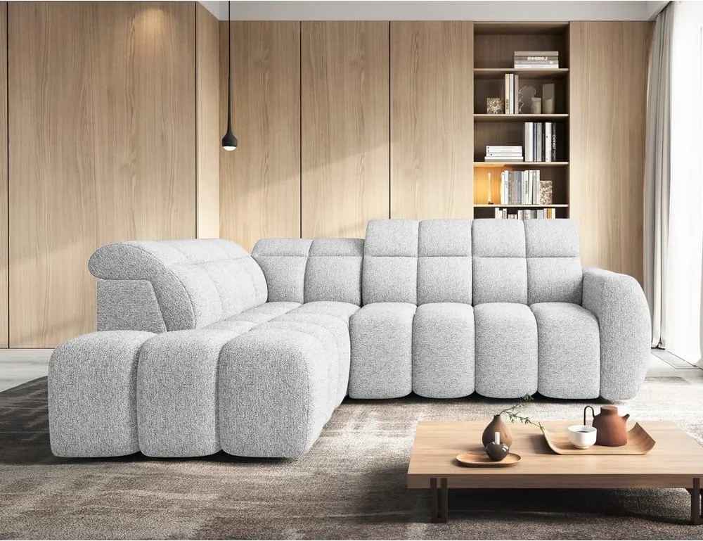 Világosszürke buklé kinyitható-tárolóhelyes sarokkanapé (bal oldali-L alakú) Falconn – ELTAP