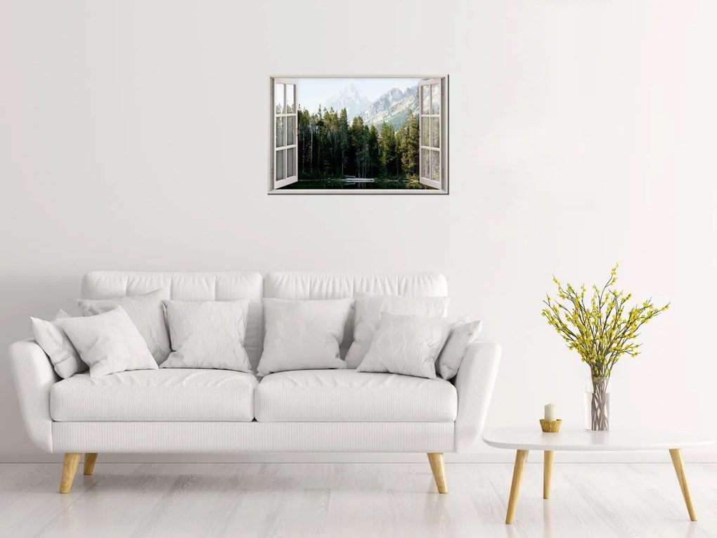 Gario Vászonkép Nyitott ablak Erdei tó Méret: 120 x 80 cm