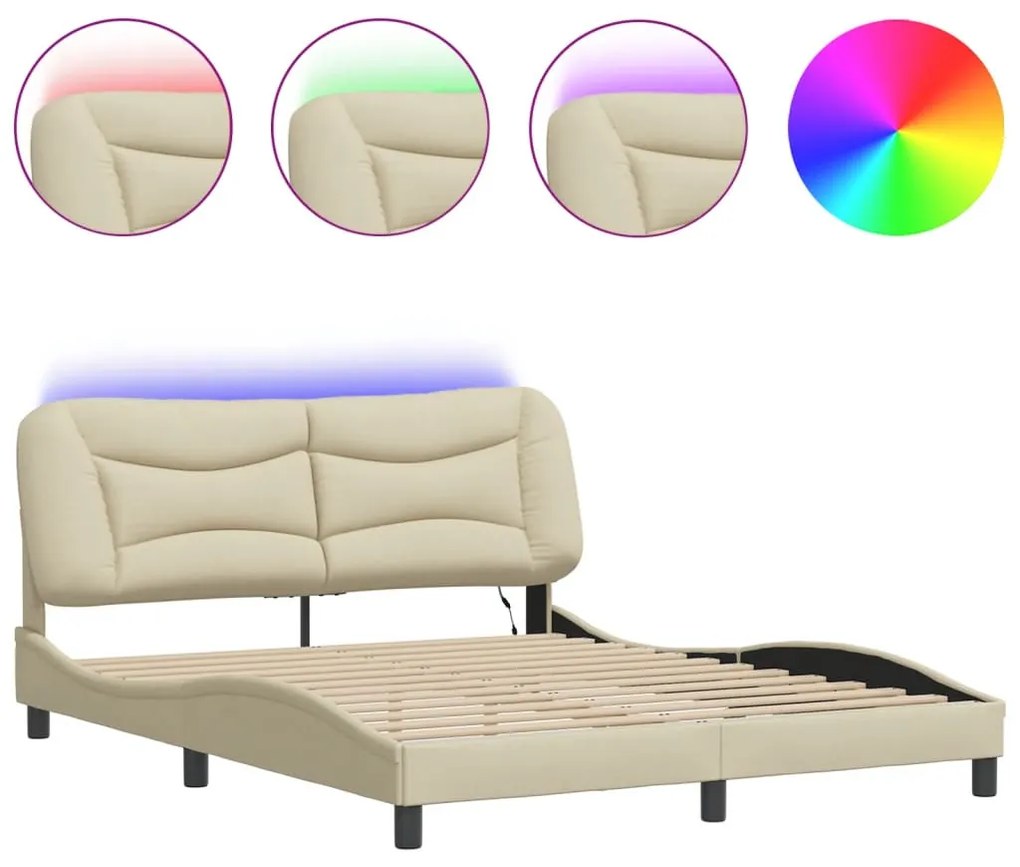krémszínű szövet ágykeret LED-ekkel matrac nélkül Hvar 160 x 200 cm