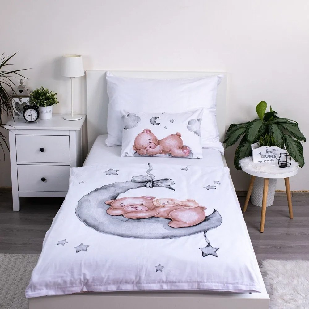 Fehér pamut gyerek ágyneműhuzat babaágyhoz 100x135 cm Teddy Bear "Ribbon" – Jerry Fabrics