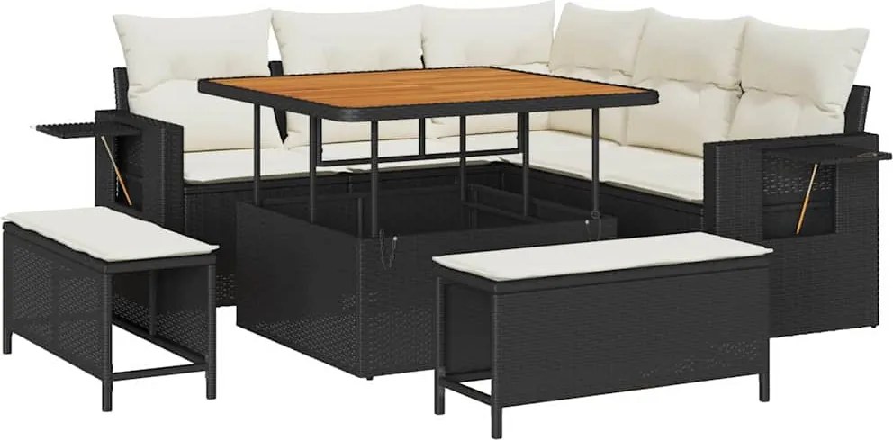 vidaXL Kerti Kanapé Szett párnával 9 pcs Fekete és Krém polirattan