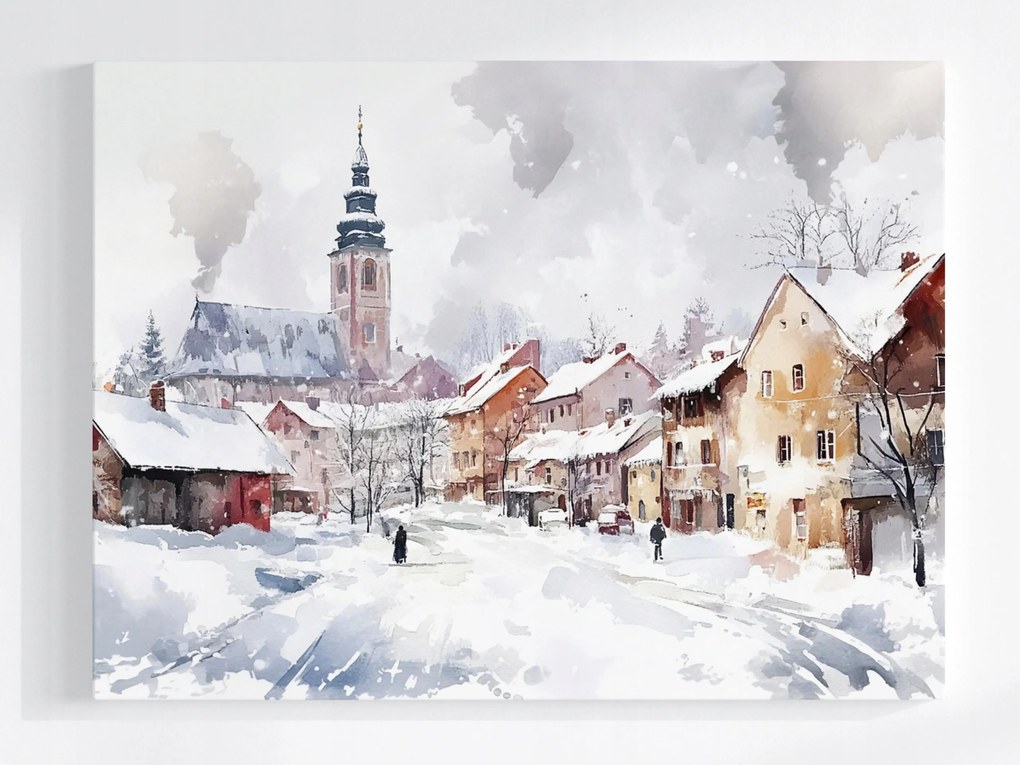 Poszter Lengyel Város Bérházak Utca Templom Tél 80x60