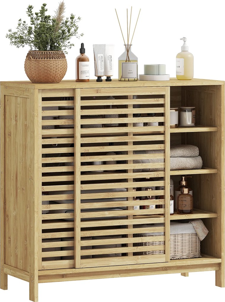 HOMCOM Bambusz Fürdőszoba Szekrény 2 Csúszóajtóval, Rácsos Design, 4 Polcos Tároló Szekrény Konyhába, Nappaliba 80x34x80 cm Természetes | Aosom