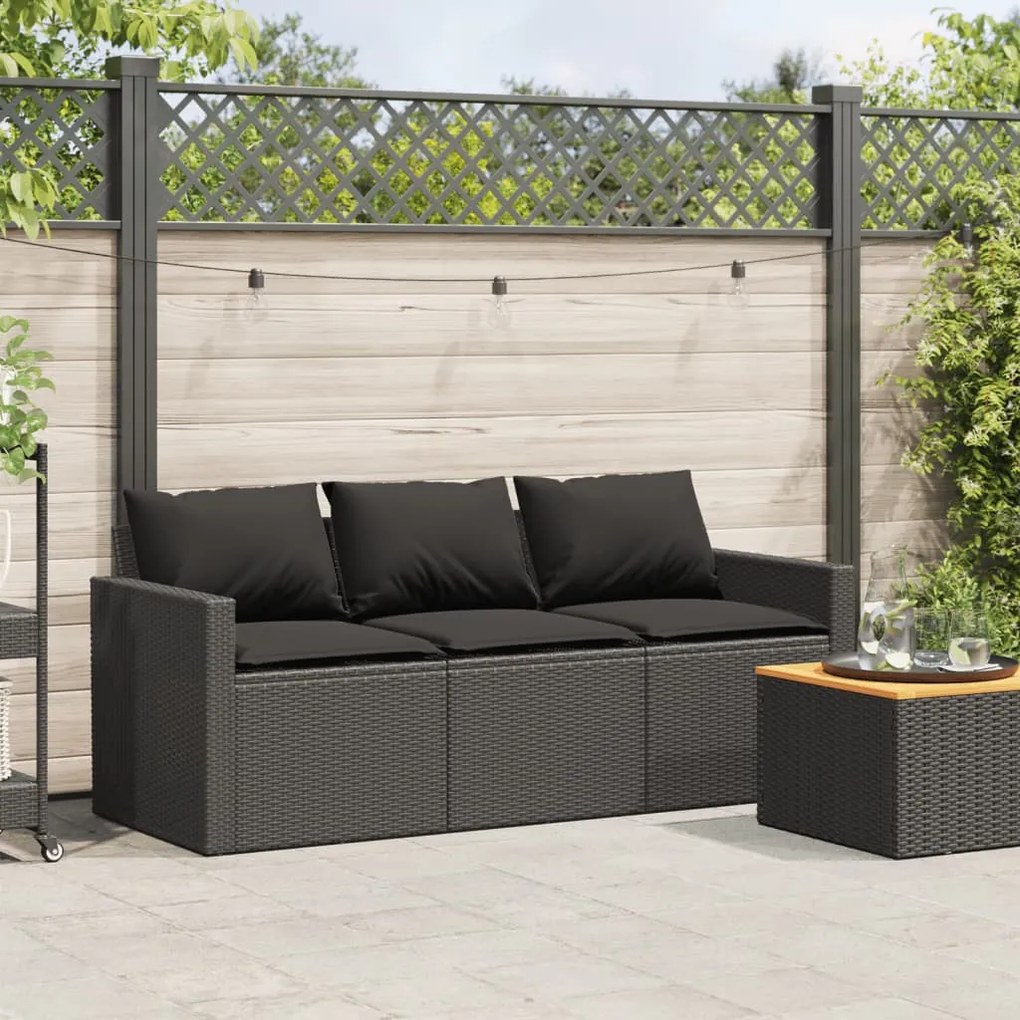 Fekete 3 személyes polyrattan kerti kanapé párnákkal