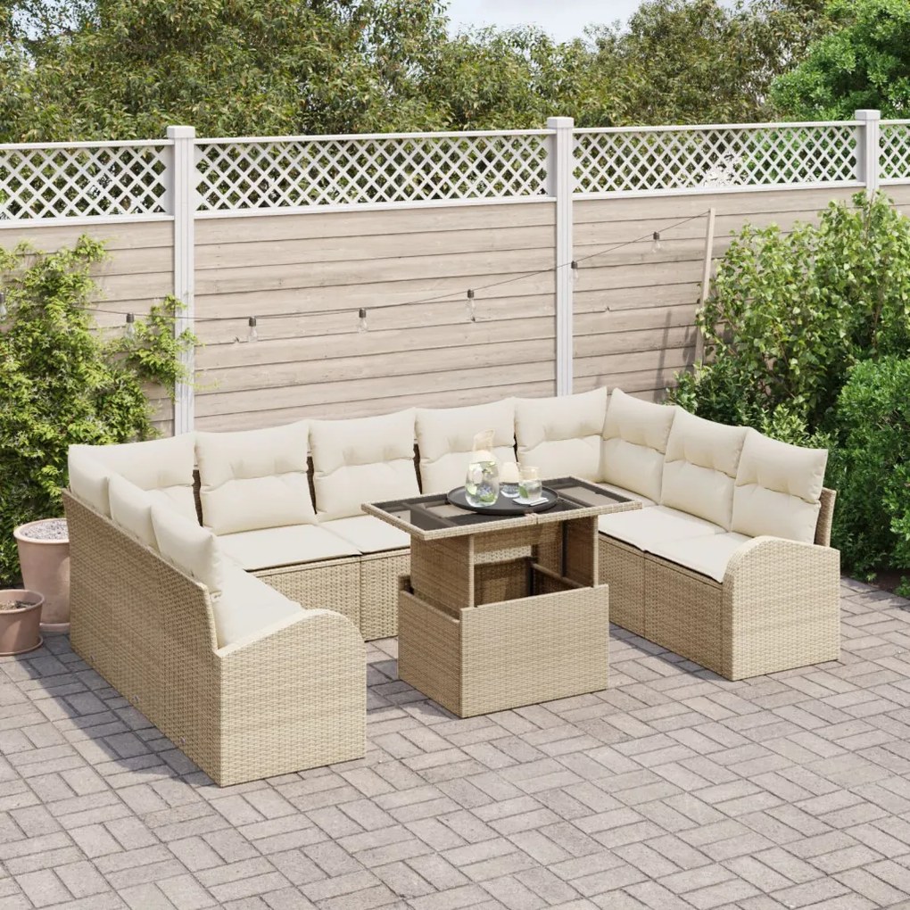 10 darabos kerti sofa készlet párnákkal, bézs, poli rattan