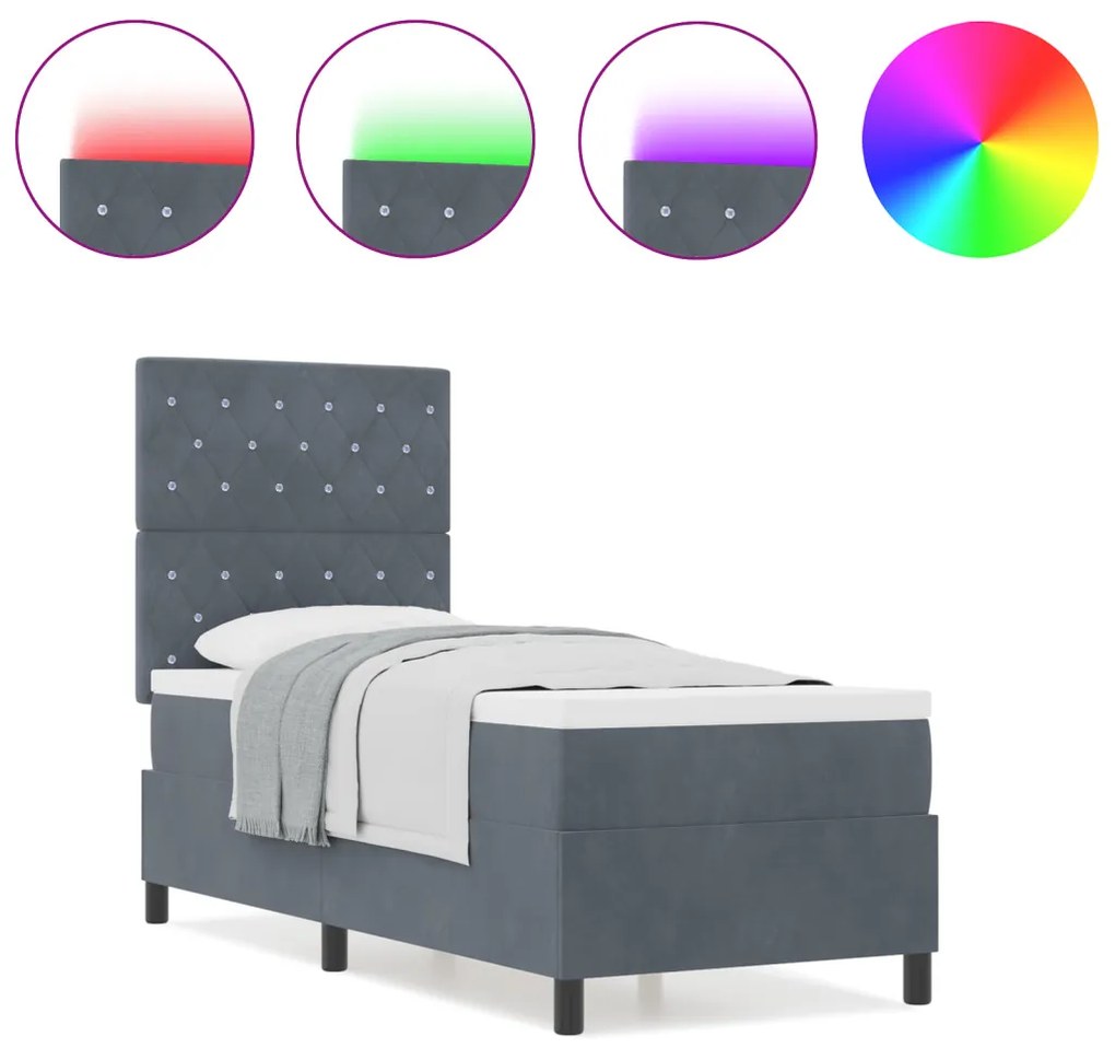 Boxspring Ágy Matrac & LED Sötétszürke 80x200 cm Bársony