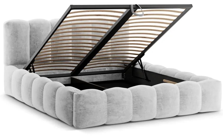 Világosszürke kárpitozott ágyneműtartós franciaágy ágyráccsal 160x200 cm Lupine – Micadoni Home