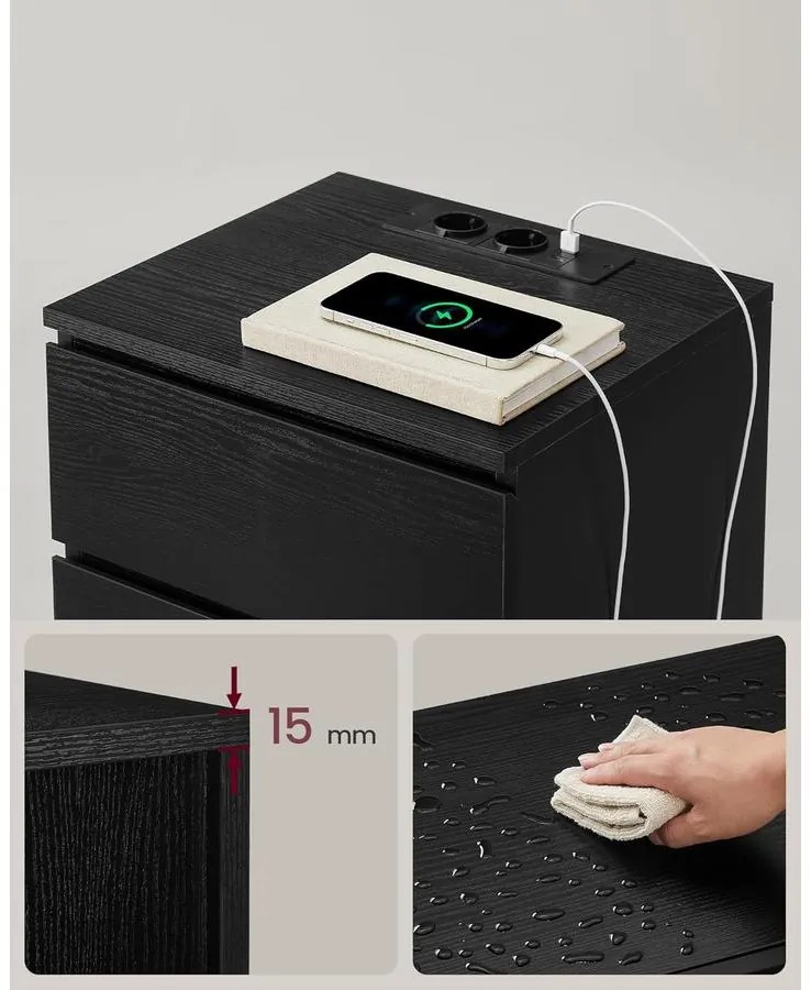 VASAGLE Éjjeliszekrény 2 darabos szett, 2 hálózati aljzattal és 2 USB-porttal, fekete színben