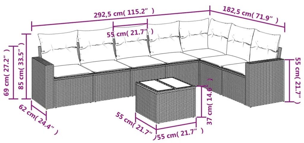 8 részes fekete polyrattan kerti ülőgarnitúra párnákkal