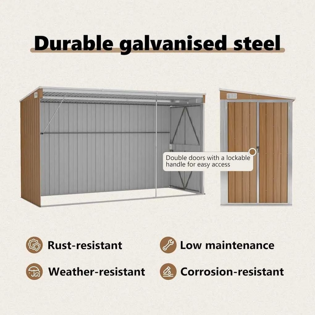 barna színű, falra szerelhető kerti fészer 118 x 288 x 178 cm horganyzott acélból