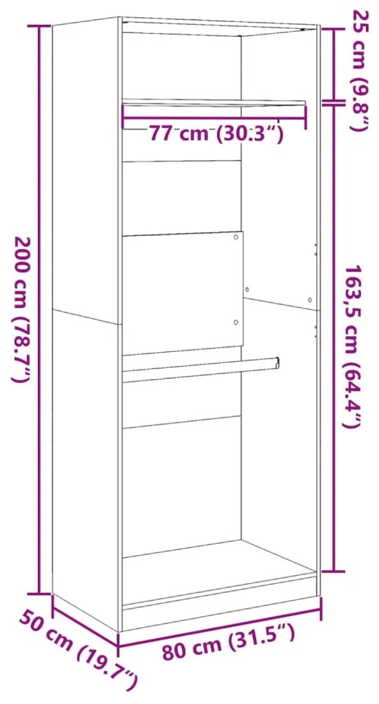 füstös tölgy színű szerelt fa ruhásszekrény 80 x 50 x 200 cm