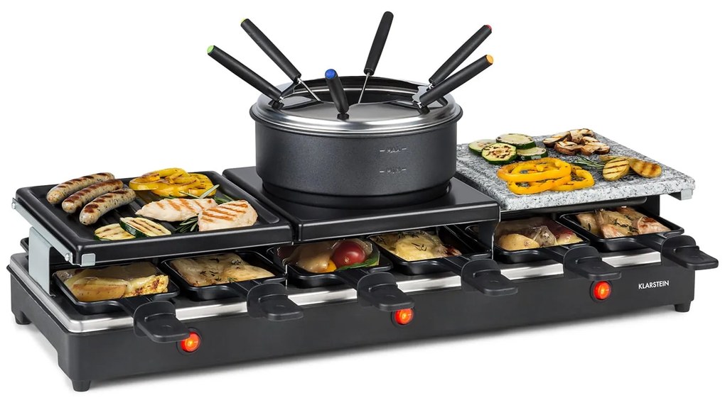 Klarstein Fonduelette XL, 3 az 1-ben raclette grill fonduevel, 1650 W, természetes kő, 12 személyre
