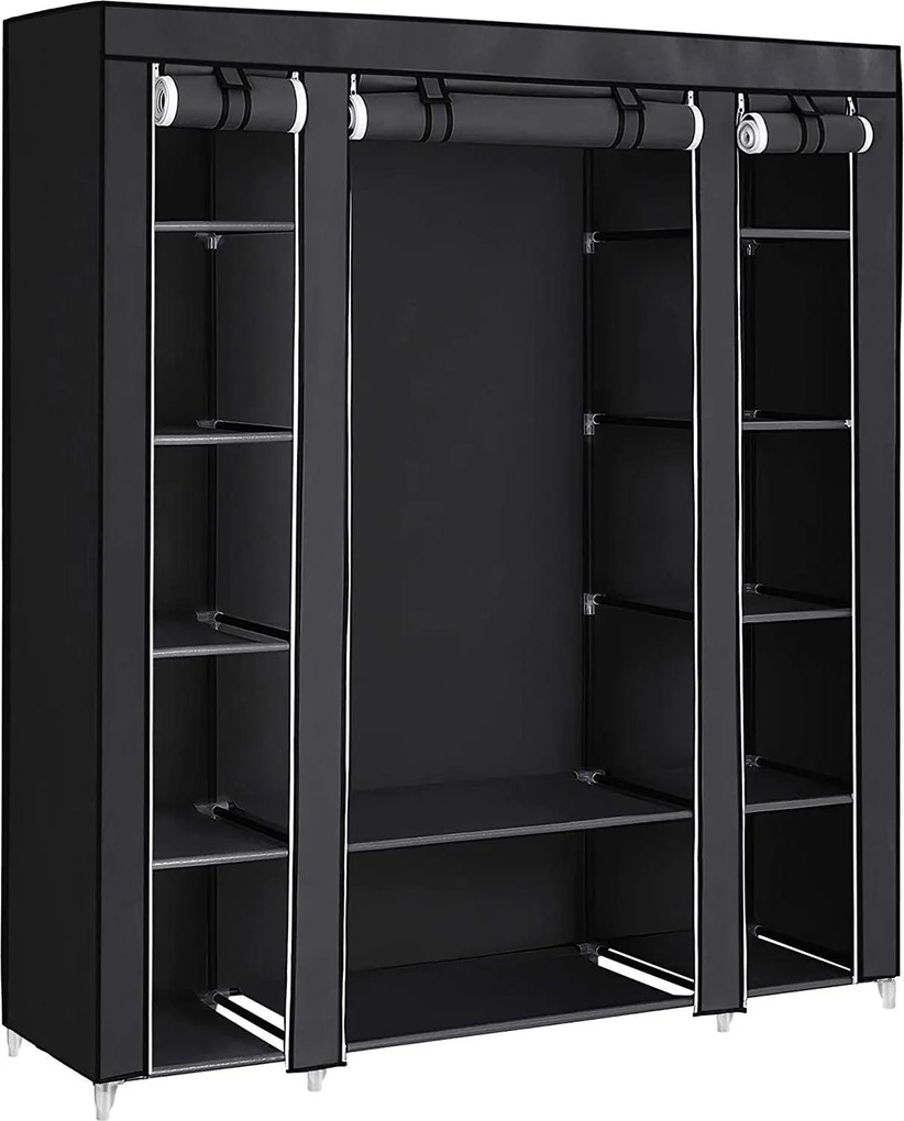 SONGMICS szövet gardróbszekrény 2 akasztórúddal és 12 tárolórésszel, 150 x 45 x 175 cm, fekete