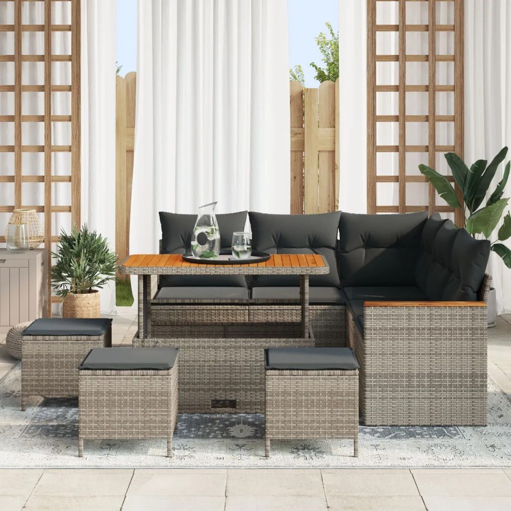 8 darabos kertifotel garnitúra párnákkal szürke poli rattan akáccal, 3 darabos kerti étkező garnitúra párnákkal szürke poli rattan akáccal