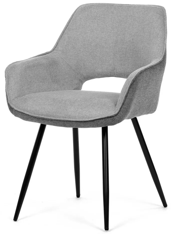 Scaun de sufragerie modern, în stil industrial, tapițerie din material gri, picioare din metal negru.