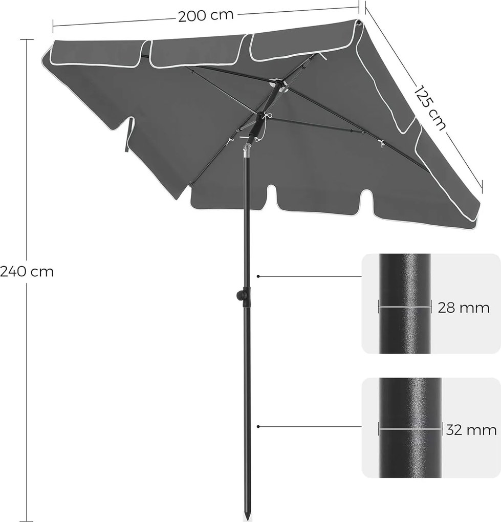 Dönthető napernyő 2x1,25 m, téglalap alakú napernyő táskával, szürke