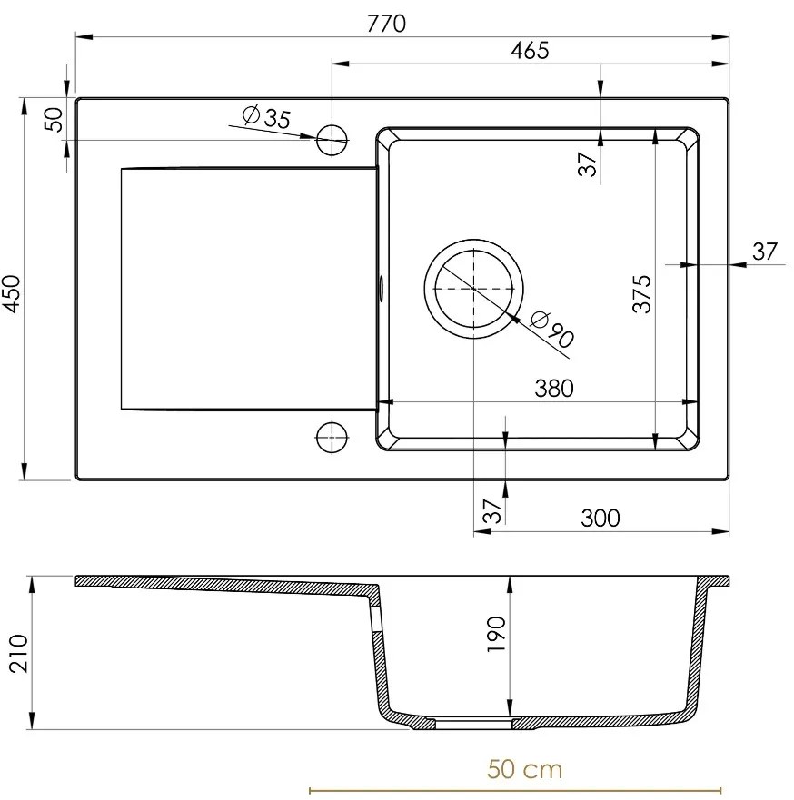 Mosogató Quality Ferrum, konyhai gránit mosogató 770x450x190 mm + arany szifon, fekete foltos-BROKÁD, SKQ-FER.B.1KDO.XG