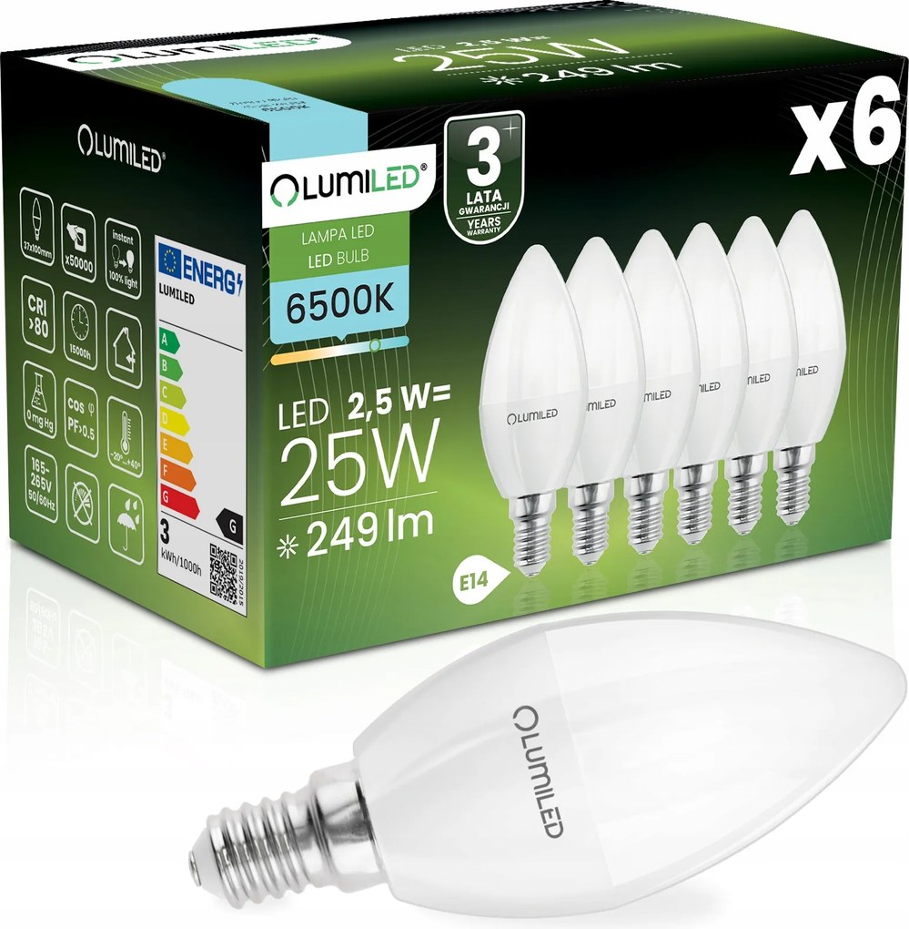 6x Led izzó Gyertya B35 E14 2,5W 25W 249lm 6500K Hideg 180° Lumiled
