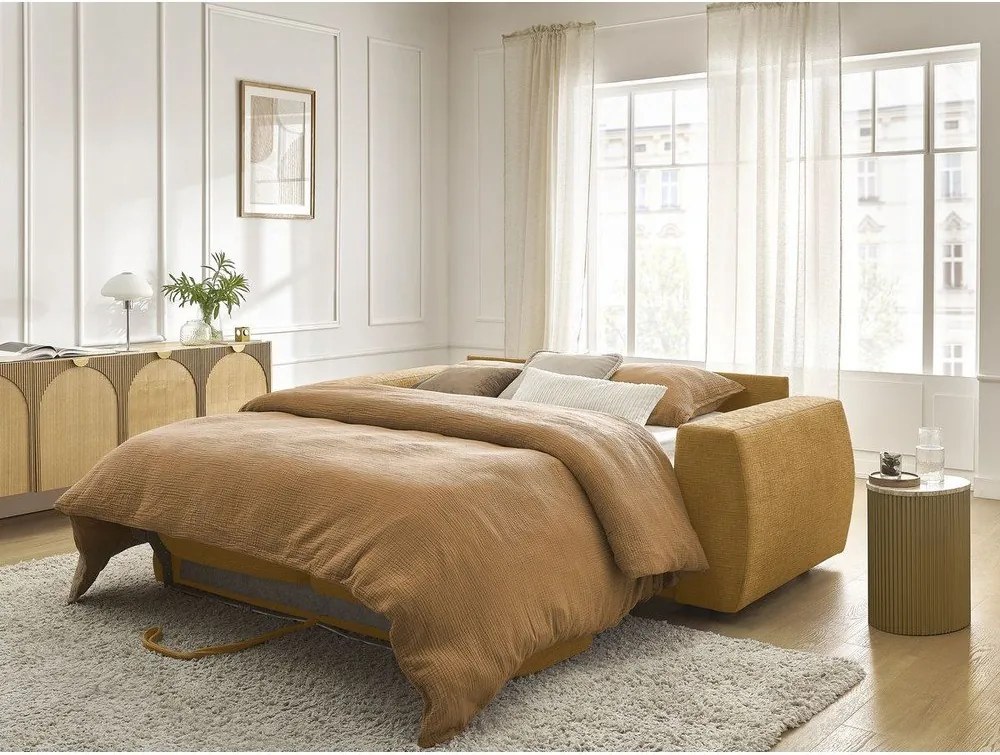 Mustársárga zsenília kinyitható kanapé mindennapos alvásra 240 cm Hugo – Bobochic Paris