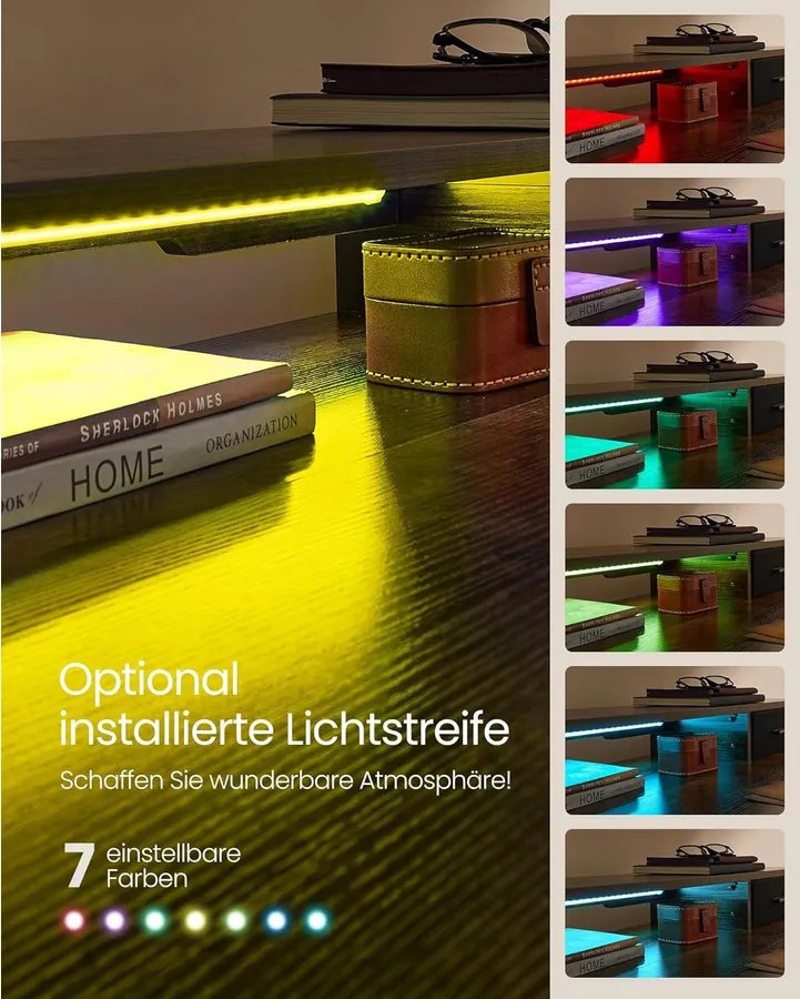 Magasságállítható elektromos íróasztal LED világítással(7 szín), 60 x 120 x (72-120) cm, vintage barna/fekete