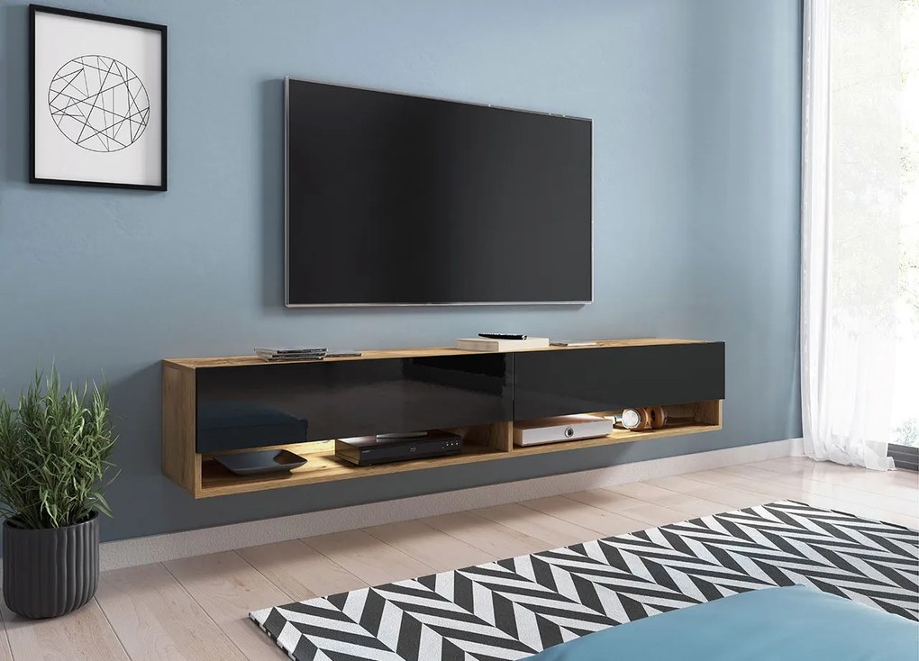TV asztal/szekrény Aldesia 180 (wotan + fényes fekete) (RGB LED világítás színes). 1053721