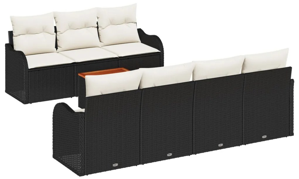 8 részes kert kanapé szett párnákkal fekete poli rattan akác, 2 fős kert kanapé tárolóval és párnákkal fekete poli rattan