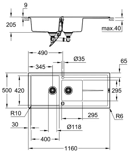 GROHE 31643AP0 - K400 kompozit mosogató 1160 × 500 mm kő/fekete