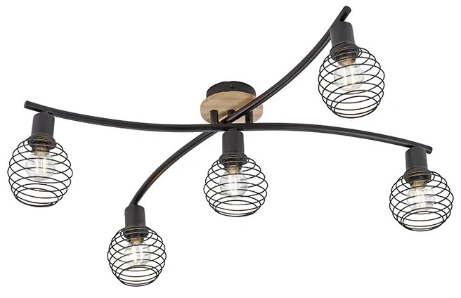 Design mennyezeti spotlámpa fekete fával 5-lámpás - Winsten