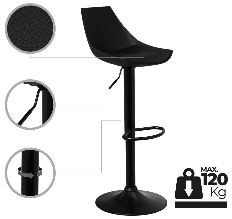 Fekete bőr utánzat állítható magasságú bárszék szett 2 db-os (ülésmagasság 56,5 cm) – Casa Selección