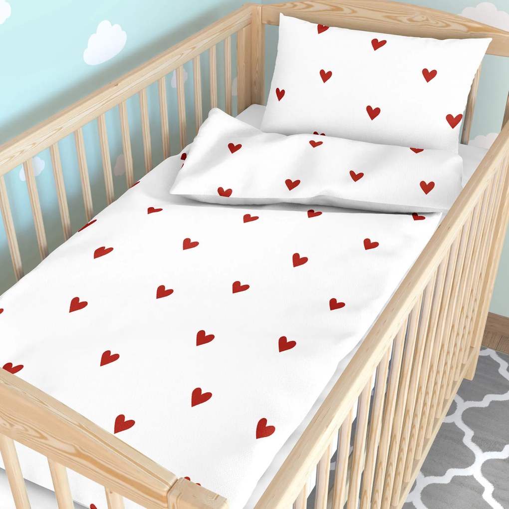 Goldea gyermek pamut ágyneműhuzat kiságyba - piros szívecskék, fehér alapon 110 x 125 és 35 x 55 cm
