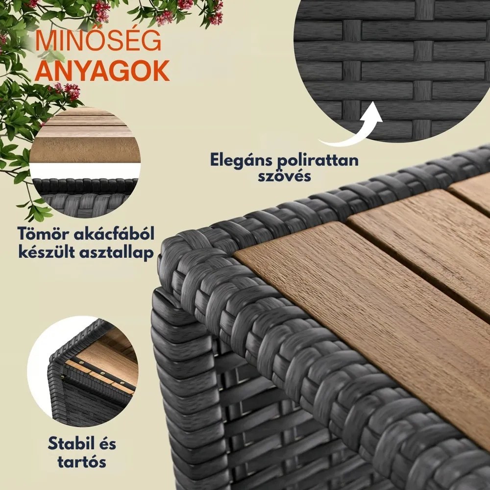 ROCCO polyrattan oldalasztal akácfával, 40x45x45cm, barna/szürke Casaria