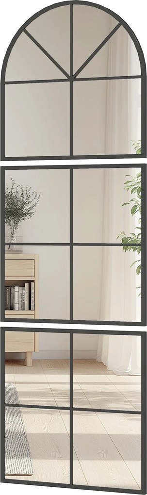 HOMCOM Fali Tükör 60 x 180 cm három részes, ívelt tükör fémből készült kerettel, dekoratív függő tükör, ablak tükör fürdőszobához és nappaliba, Fekete