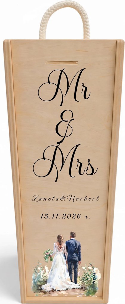 Fából készült borosdoboz Ajándék az ifjú párnak Mr&amp;Mrs Személyre szabott