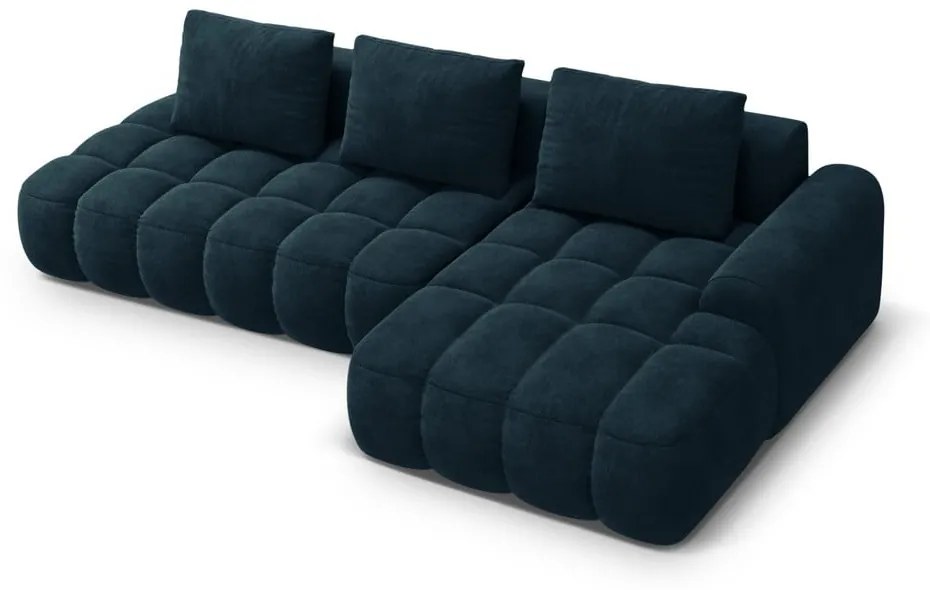 Petróleum színű bársony kinyitható-tárolóhelyes sarokkanapé (jobb oldali-heverő résszel) Linz – Cosmopolitan Design