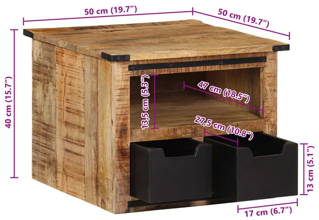 tömör mangófa dohányzóasztal fiókokkal 50 x 50 x 40 cm