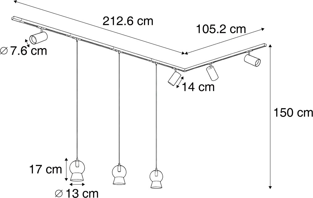 Modern fekete sínrendszer 4 spotlámpával és 3 fehér függőlámpával, 1 fázisú - Iconic Bell Jeana Luxe