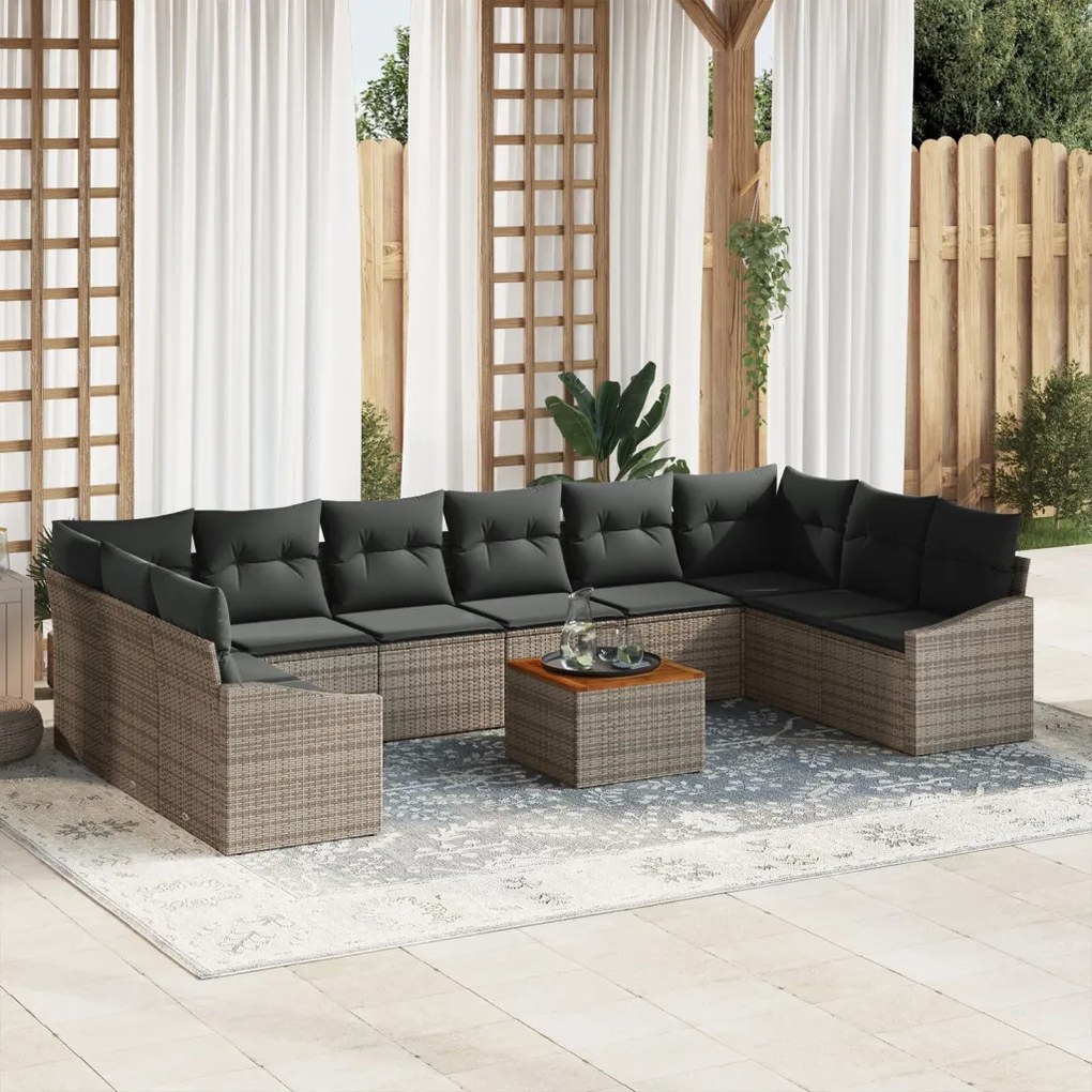 11 Részes Kert Sofa Szett párnákkal Szürke Poli Rattan Akác