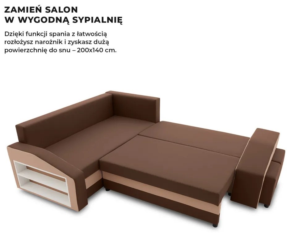 Grande sarokkanapé polcokkal és puffokkal , polc a bal karfaban puffok a jobb karfaban, baloldali, szövet anyag, bonell töltet, barna
