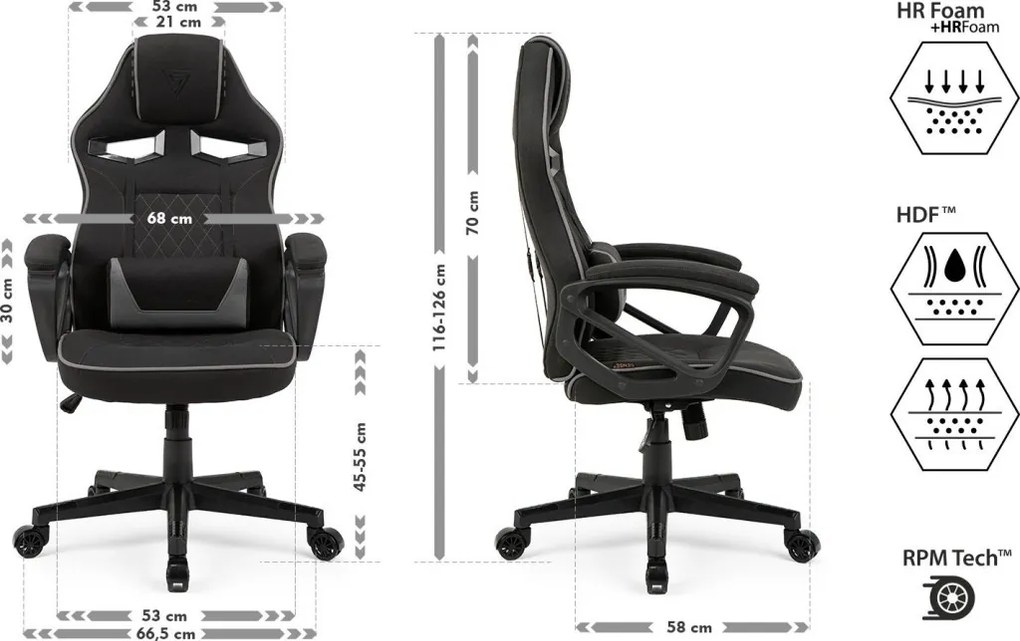 Gamer szék SENSE7 Knight, fekete és szürke