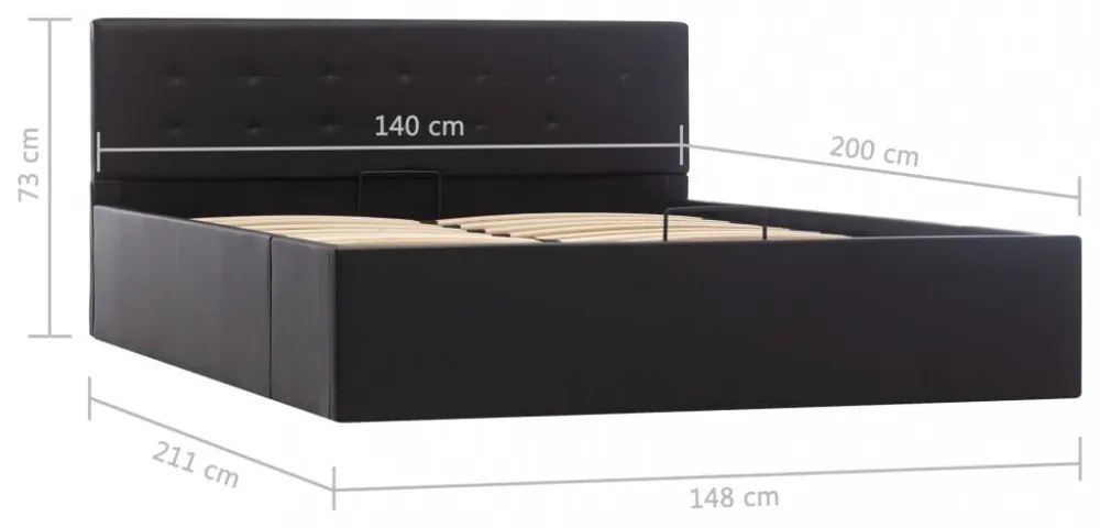 fekete műbőr ágykeret hidraulikus ágyneműtartóval 140 x 200 cm